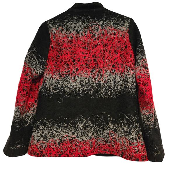 Yak Magik Black Wool Blend Art-to-Wear Red and Gray String Print Jacket, Size M - Picture 2 of 11